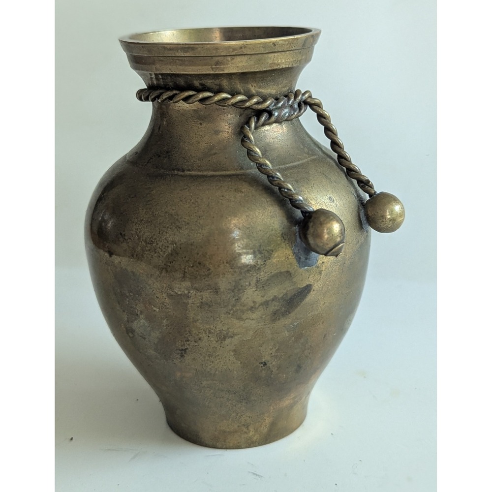 Vintage Brass Bud Vase with Twisted Rope Accent and Sphere Finials Patina 4.75"